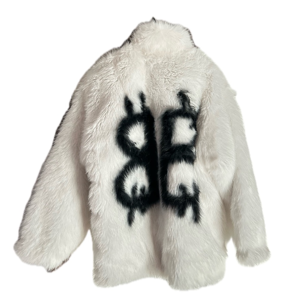 BALENCIAGA FAUX FUR PARKA SIZE 40, NEW W/TAGS, LARGE BB GRAFFITI ON BACK